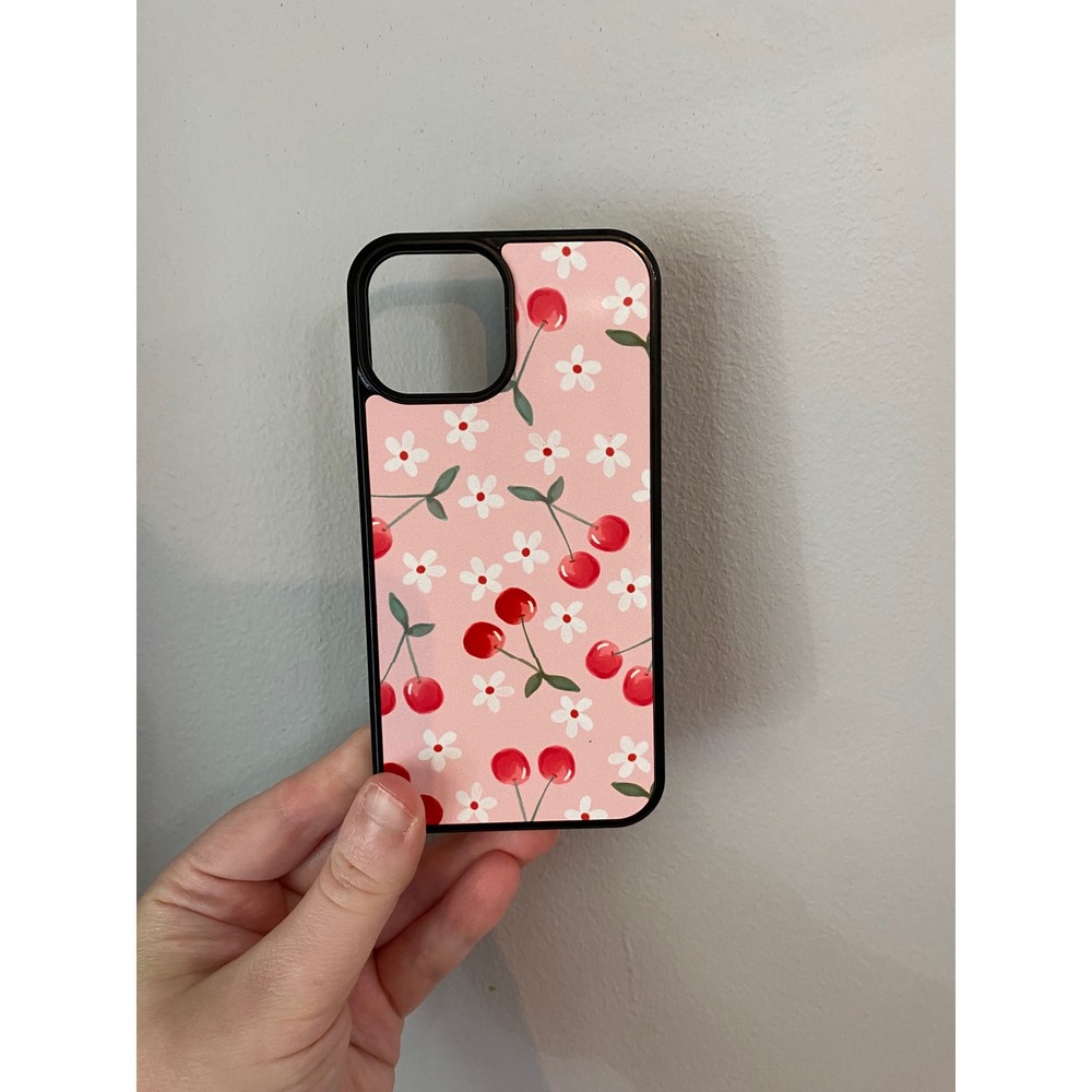 Phone Case iPhone 13 Mini Pink Cherry Floral Print Black Bumper Protective Cover